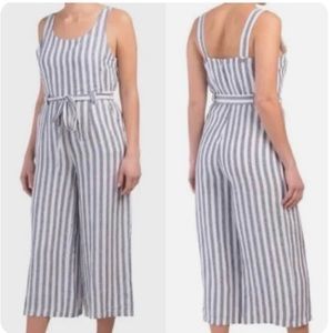 Rachel Zoe 100% Linen Wide Leg Jumper Striped Jumpsuit Blue White Nautical